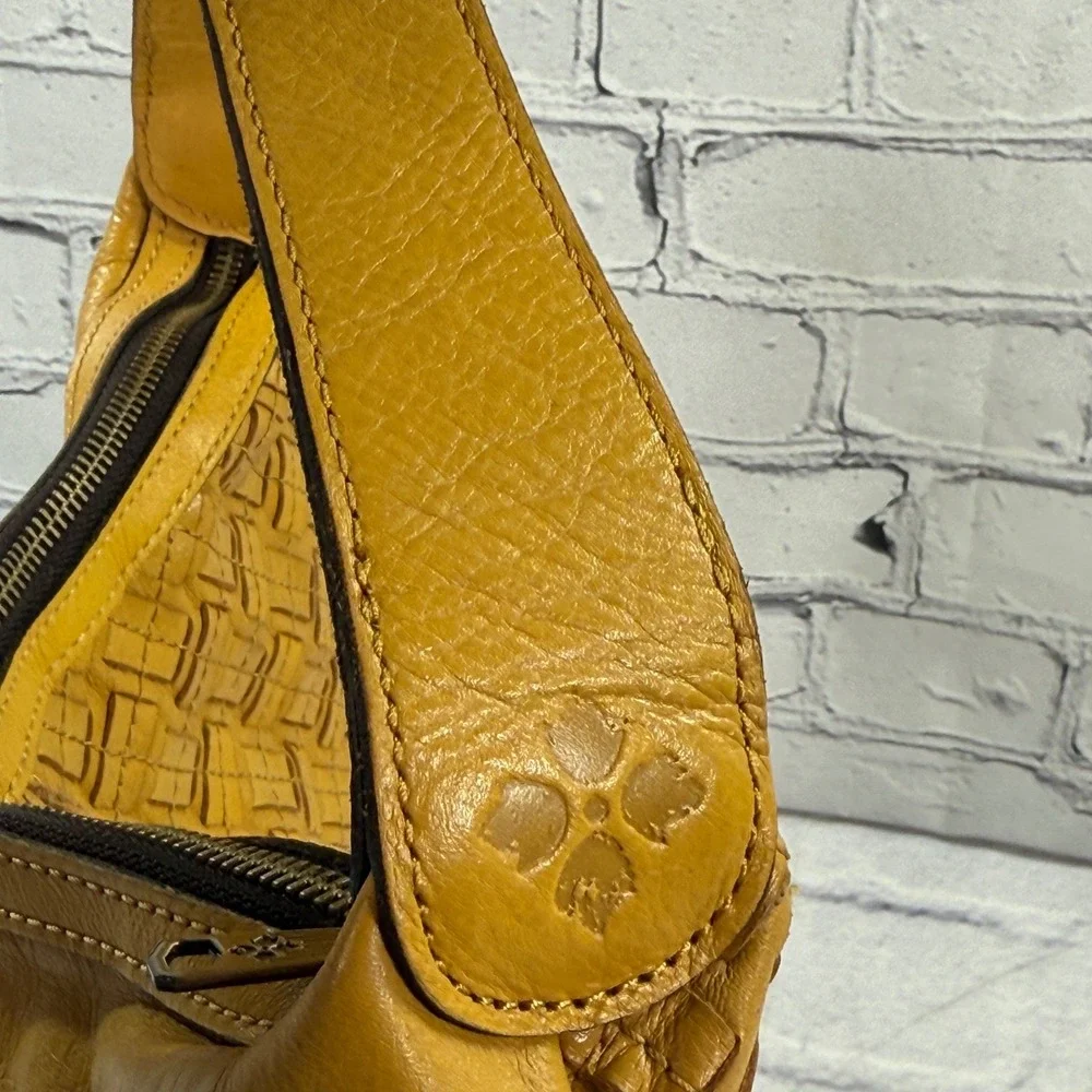 Patricia Nash Maissana Hobo Woven Leather Shoulder Bag Mustard Tassel Purse